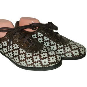 Aerogreen Ladies Sz 11 Golf Shoes Woven Leather Brown Pale Blue Argyle Sneakers